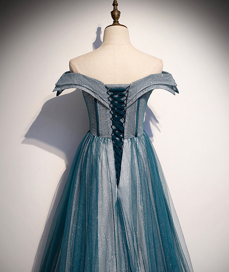 Blue tulle lace long prom dress off shoulder evening dress s105