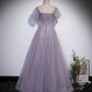 Purple tulle beads long prom dress A line evening gown s59