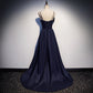 Dark blue satin long prom dress, simple evening dress s93