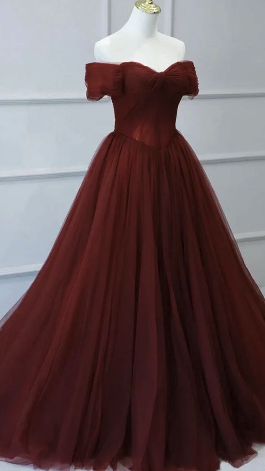 Chic Off Shoulder Burgundy Tulle Prom Dress Y1553