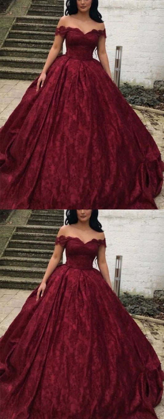 Charming Burgundy Lace Ball Gown Off Shoulder  Wedding Dresses Y1564