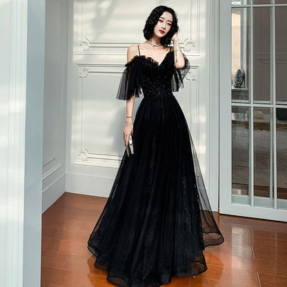 Black tulle lace long prom dress black evening dress Y1894