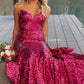 Strapless Fuchsia Sequins Long Prom Dress,Elegant Mermaid Evening Dress  Y1876