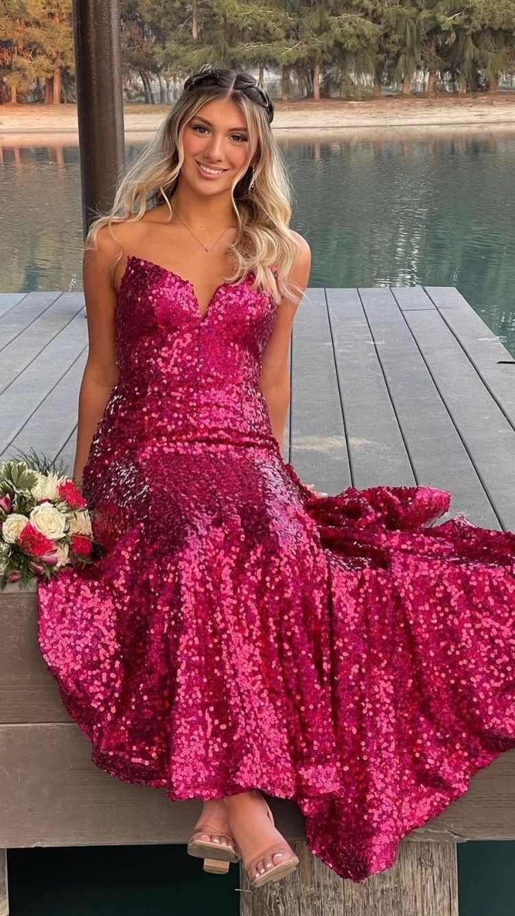 Strapless Fuchsia Sequins Long Prom Dress,Elegant Mermaid Evening Dress  Y1876