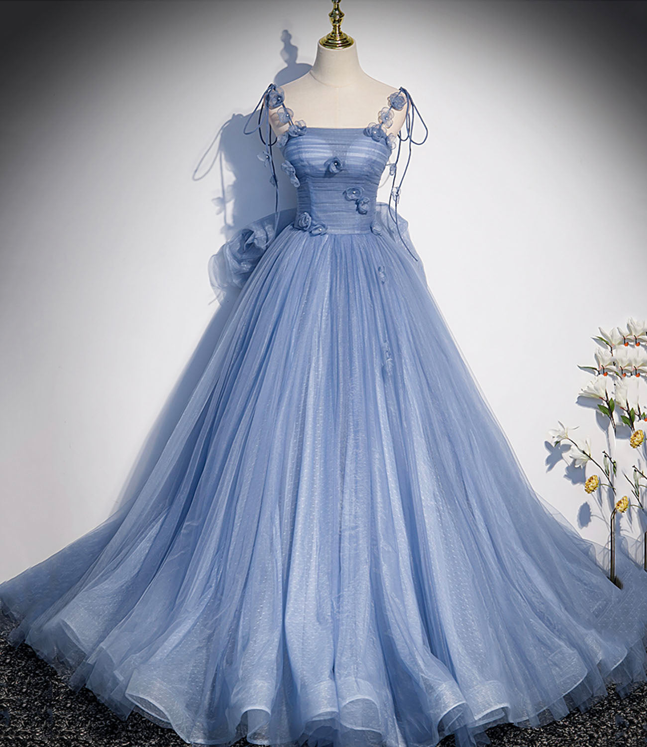 Blue tulle long A line prom dress blue evening dress s51