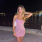 Cute Bodycon Straps Pink Short Sparkly Homecoming Dresses Y1288