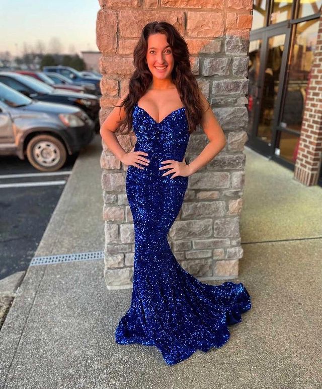 Popular Royal Blue Mermaid Sequins Prom Dress with Train Y1337