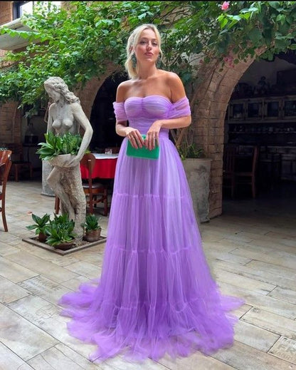 Lilac tulle long prom dress A line evening dress Y1308