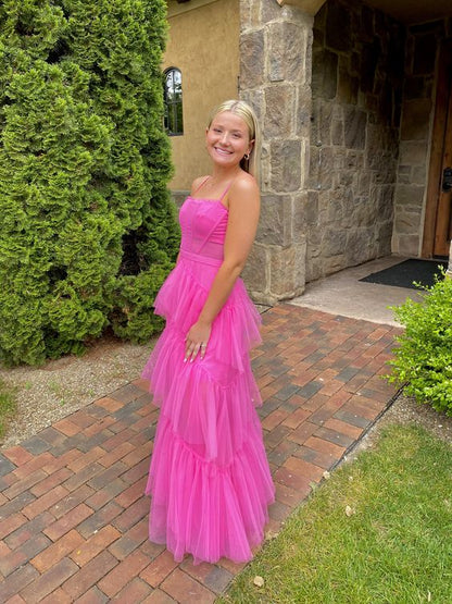 Hot Pink New Style Spaghetti Straps Floor Length Prom Dress With Ruffles Y1309