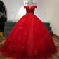 Red Off The Shoulder Lace Tulle Ball Gown Sweet 16 Dress Y1274