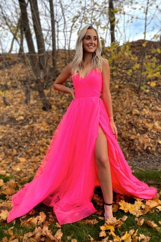 Simple v neck tulle hot pink tulle formal dress, hot pink tulle prom dress Y1627