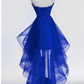 Royal Blue Tulle with Lace Applique High Low Party Dress, Blue Homecoming Dress Y671