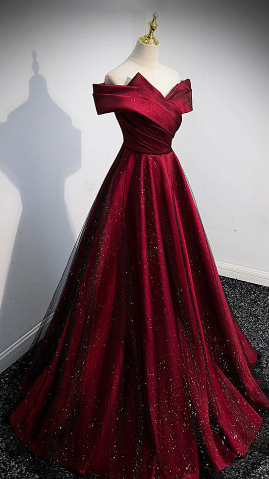 Burgundy satin long A line prom dress evening dress Y767