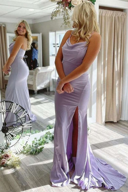 New arrival evening dresses spaghetti straps lavender with slit satin prom dress Y912