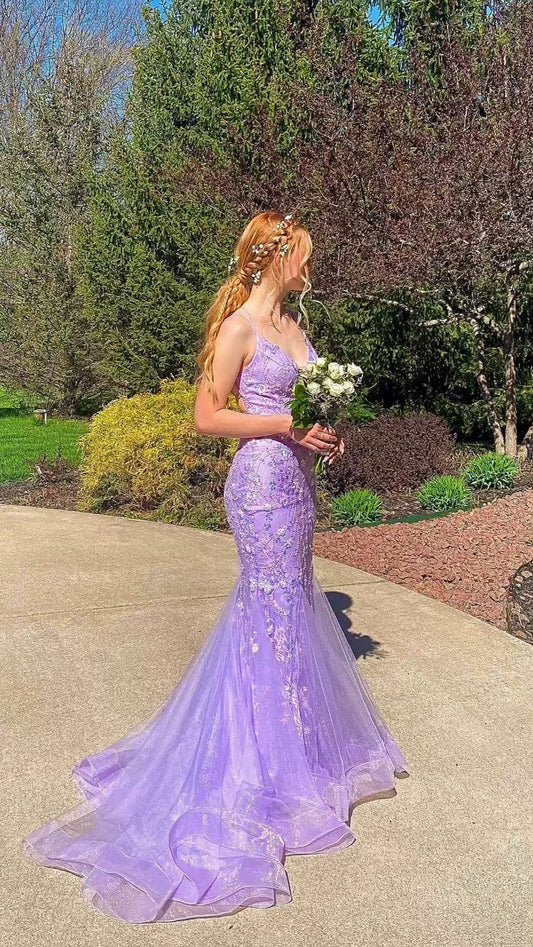 Gorgeous Mermaid Spaghetti Straps Lavender Long Prom Dresses With Appliques Y1019