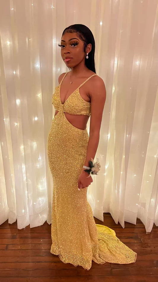 Sparkly Gold Sleeveless Mermaid Evening Dress,Sexy Prom Dress For Black Girls Y813