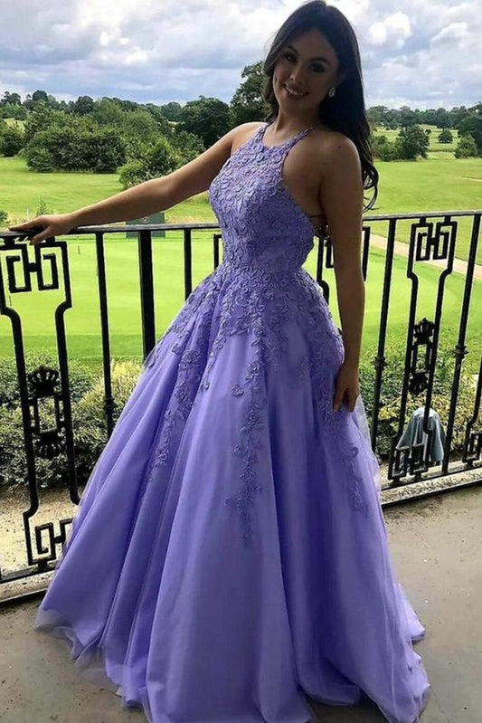 Lace Appliques Lavender Long Prom Dress, Halter A Line Graduation Evening Dresses Y897