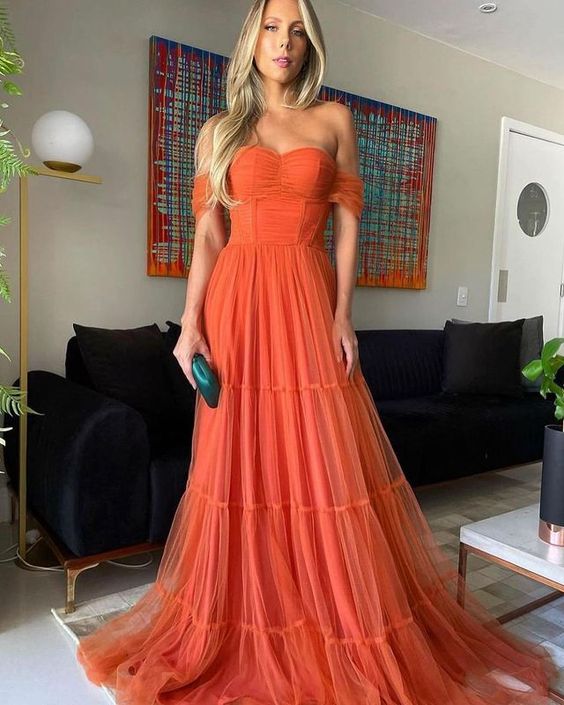 Elegant Off The Shoulder Orange Tulle Long Evening Dresses Y1059
