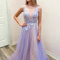 A-Line V-Neck Sleeveless Tulle Long Prom Dress With Lace Y915
