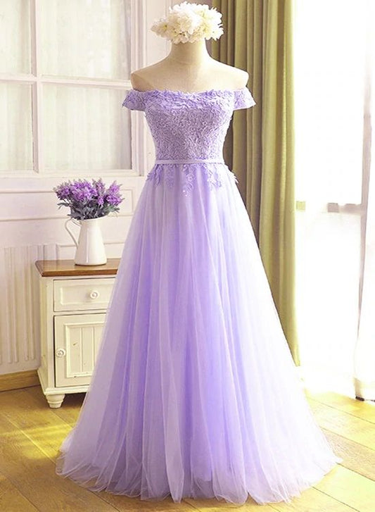 A-line Tulle Light Purple Off Shoulder Long Prom Dress, Lace Applique Evening Dress Y918