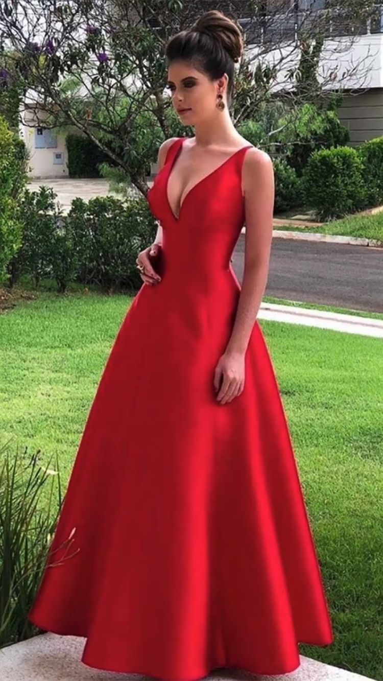 Elegant A-line V-neck Red Satin Prom Dresses, Formal Gown Y1087