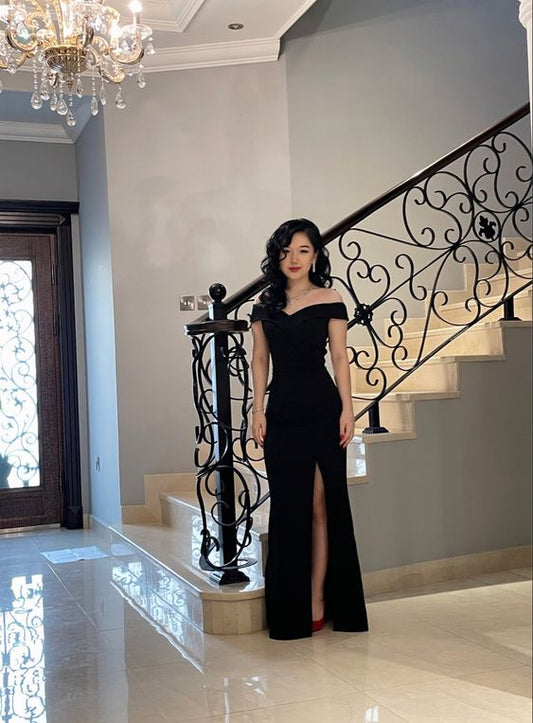 Elegant Off The Shoulder Black Prom Dress With Side Split  Y1011