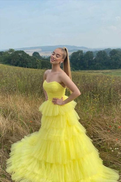 A-line yellow strapless layered tulle prom dress Y1045