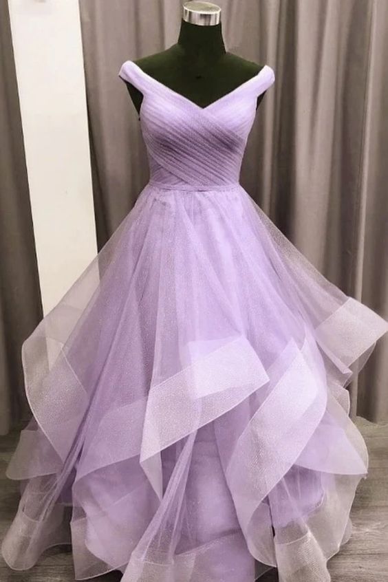 Purple tulle long A line prom dress evening dress Y911