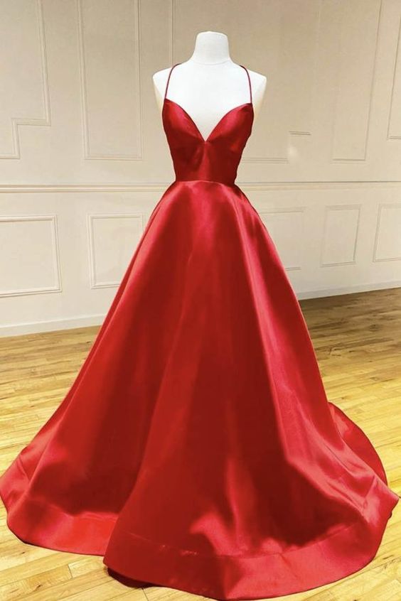 Red Satin Long Prom Dress Backless Formal Custom Simple Evening Dress Y764