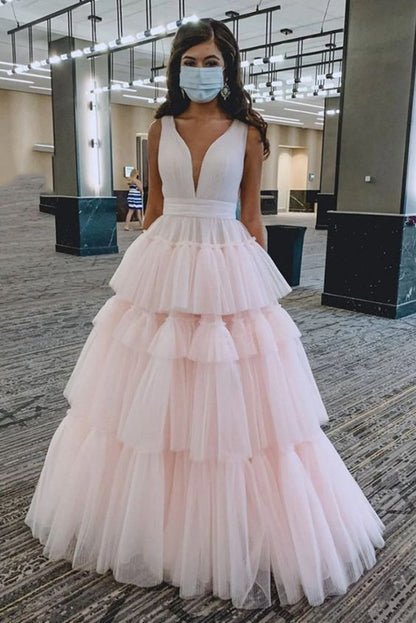 Princess Tulle Tiered Pink Long Prom Dresses,Pink Sweet 16 Dress,Graduation Dresses Y939
