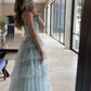 Elegant Blue Sleeveless Tulle Long Prom Dress,Generous A-line V Neck Pink Evening Dress Y1076