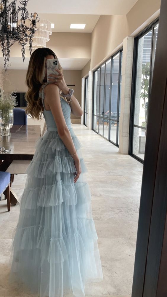 Elegant Blue Sleeveless Tulle Long Prom Dress,Generous A-line V Neck Pink Evening Dress Y1076