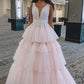 Princess Tulle Tiered Pink Long Prom Dresses,Pink Sweet 16 Dress,Graduation Dresses Y939