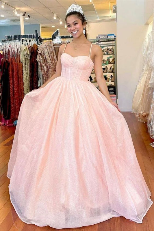 Princess Pink Spaghetti Straps Winter Formal Dress,A-line Pink Prom Dress Y914