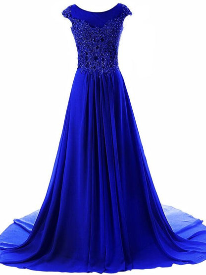 Women's Cap Sleeves Long Chiffon Lace Evening Gown Prom Dresses-Royal Blue Y945