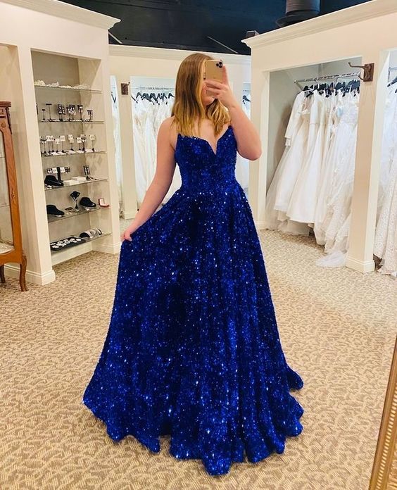 Stunning V Neck Royal Blue Sequins Long Prom Dresses Y828