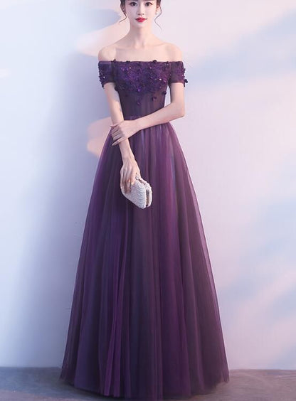 Off Shoulder Purple Tulle With Lace Prom Dresses Y884