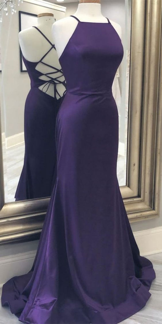 Mermaid Purple Evening Dress, With Lace Up Back Prom Dress Y1055