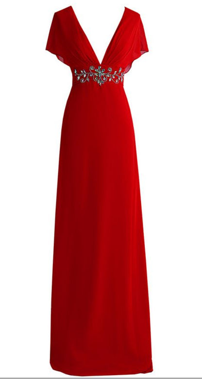Sexy deep v-neck red evening dress, dress chiffon crystal back formal evening dress gown Y1005