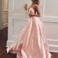 Elegant Pink Sleeveless Satin Long Prom Dress,Modest V Neck Pink Evening Dress Y1075