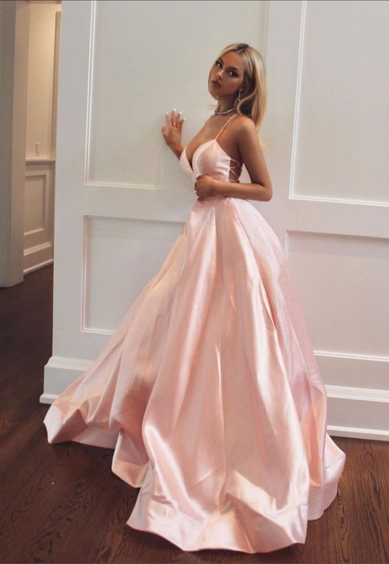 Elegant Pink Sleeveless Satin Long Prom Dress,Modest V Neck Pink Evening Dress Y1075