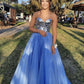 Blue Tulle Sequins Long Prom Dresses, A-Line Strapless Evening Dresses Y944