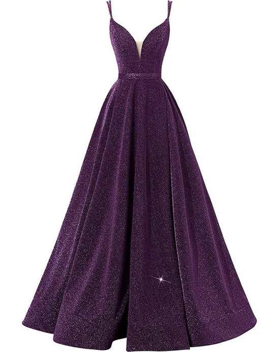 Glitter Spaghetti V-Neck Prom Dresses Long  Formal Evening Dress Y871