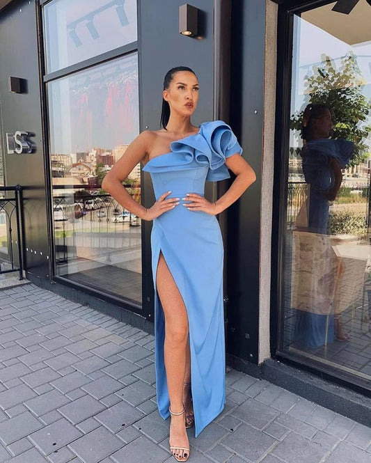 Sheath One Shoulder Blue Satin Ruffled Shoulder Slit Evening Dresses Y1068