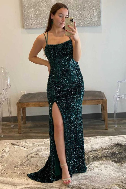 Spaghetti Straps Emerald Green Mermaid Long Prom Dresses, Emerald Green Mermaid Long Formal Graduation Dresses With Split Y849