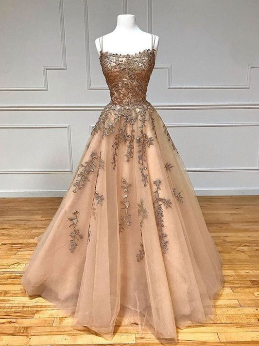 Champagne tulle lace long prom dress, champagne evening dress Y920