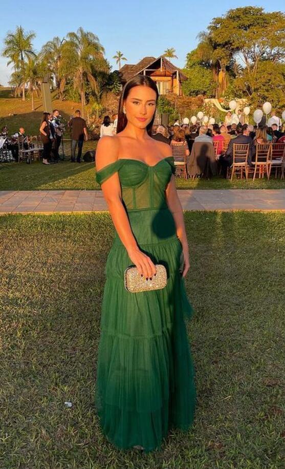 Off the Shoulder A Line Green Tulle Prom Dresses Y1060