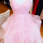 short pink A-line homecoming dress birthday dress with ruffled skirt Y1715