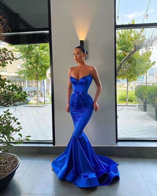 Royal Blue Long Prom Dresses,Mermaid Spaghetti Straps Evening Dresses Y1686