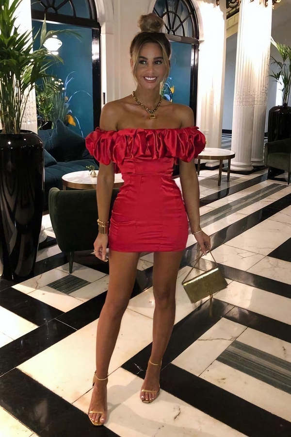 Red Satin Ruffle Sleeve Bardot Mini Dress Homecoming Dress Y1750